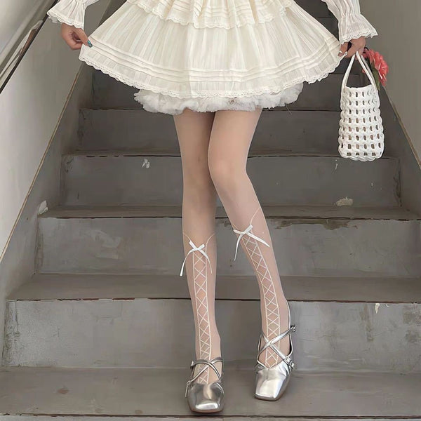 LolitaFetch Essentials Polka Dot Bow Lace-Up Black Tights - image 1