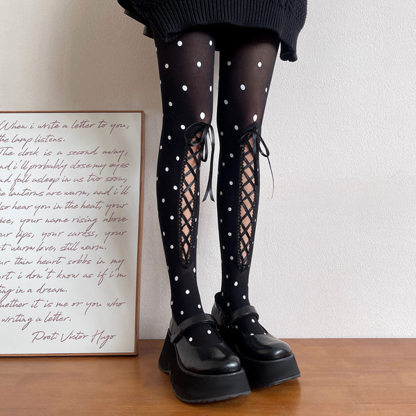 LolitaFetch Essentials Polka Dot Hollow-Out Lace-Up Velvet Tights - image 1