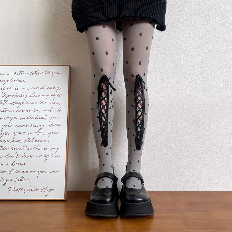 LolitaFetch Essentials Polka Dot Hollow-Out Lace-Up Velvet Tights - image 3