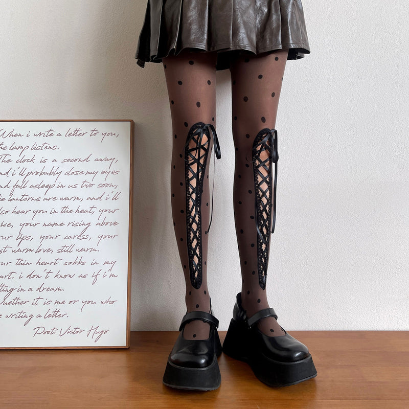 LolitaFetch Essentials Polka Dot Hollow-Out Lace-Up Velvet Tights - image 4