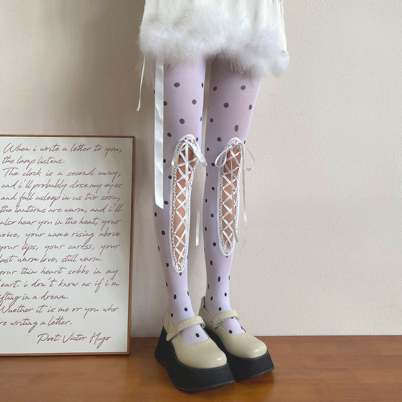 LolitaFetch Essentials Polka Dot Hollow-Out Lace-Up Velvet Tights - image 5