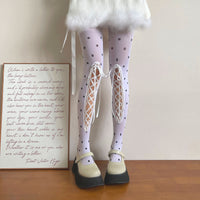 Polka Dot Hollow-Out Lace-Up Velvet Tights - Sweet Ballet Lolita Leggings - White / One Size
