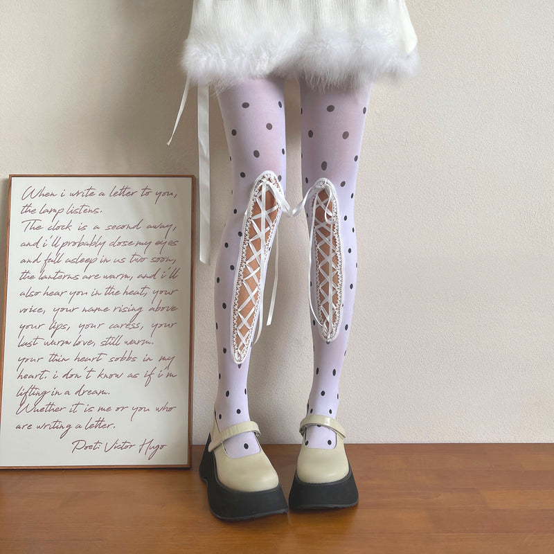 LolitaFetch Essentials Polka Dot Hollow-Out Lace-Up Velvet Tights - image 6