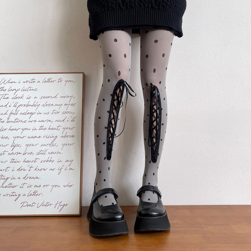LolitaFetch Essentials Polka Dot Hollow-Out Lace-Up Velvet Tights - image 8