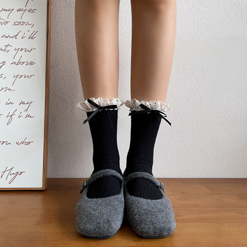 LolitaFetch Essentials Polka Dot Ruffle Bow Faux Cashmere Slouch Crew Socks - image 4