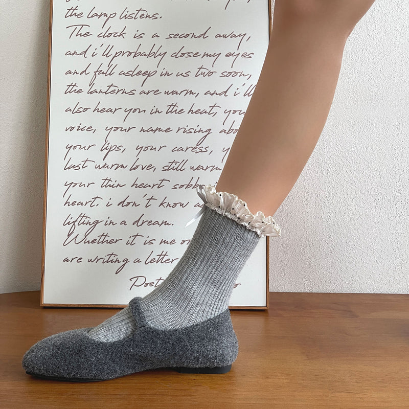 LolitaFetch Essentials Polka Dot Ruffle Bow Faux Cashmere Slouch Crew Socks - image 5