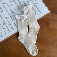 Polka Dot Ruffle Bow Faux Cashmere Slouch Crew Socks - Sweet Lolita Mid-Calf Socks - Apricot / One Size