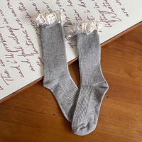 Polka Dot Ruffle Bow Faux Cashmere Slouch Crew Socks - Sweet Lolita Mid-Calf Socks - Light Gray / One Size