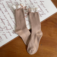 Polka Dot Ruffle Bow Faux Cashmere Slouch Crew Socks - Sweet Lolita Mid-Calf Socks - Khaki / One Size