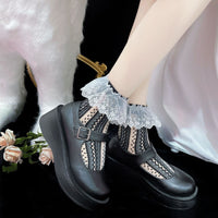 Polka Dot Stripe Lace Ruffle Sheer Ankle Socks - Sweet Lolita Socks - Black / One Size