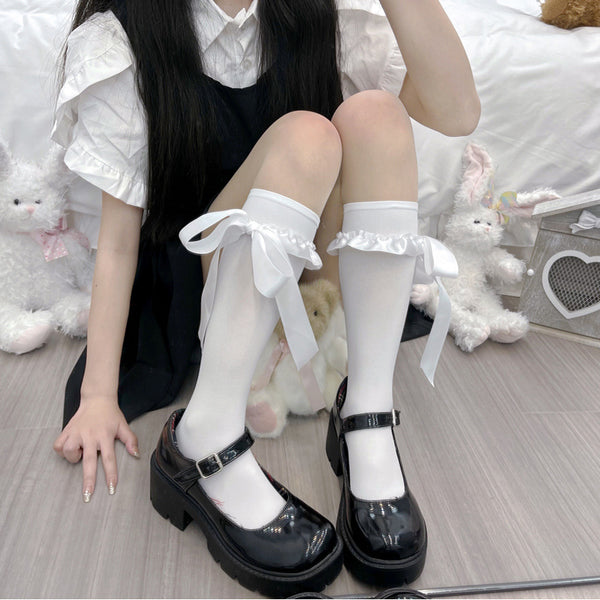 LolitaFetch Essentials Preppy White Bow Calf Socks - image 1