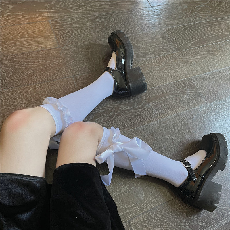 LolitaFetch Essentials Preppy White Bow Calf Socks - image 4