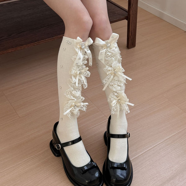 LolitaFetch Essentials Rhinestone Lace Bow Slouch Calf Socks - image 1