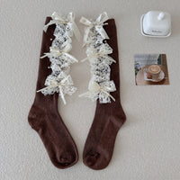 Rhinestone Lace Bow Slouch Calf Socks - JK Sweet Ballet Lolita Socks - Coffee / One Size
