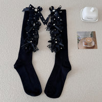 Rhinestone Lace Bow Slouch Calf Socks - JK Sweet Ballet Lolita Socks - Black / One Size