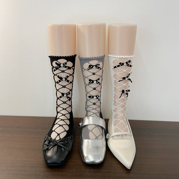 LolitaFetch Essentials Rhinestone Lace-Up Bow Mesh Slouch Mid-Calf Crew Socks - image 1
