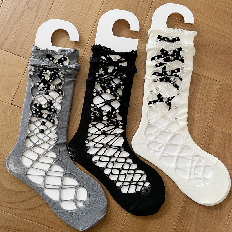 LolitaFetch Essentials Rhinestone Lace-Up Bow Mesh Slouch Mid-Calf Crew Socks - image 3