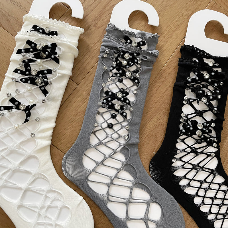 LolitaFetch Essentials Rhinestone Lace-Up Bow Mesh Slouch Mid-Calf Crew Socks - image 4