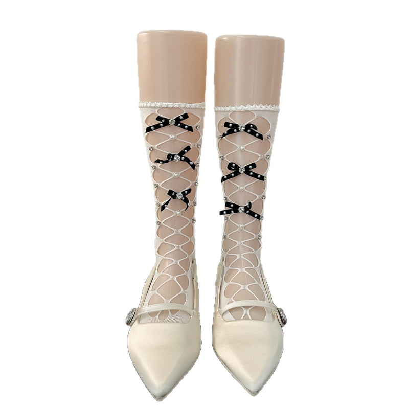 LolitaFetch Essentials Rhinestone Lace-Up Bow Mesh Slouch Mid-Calf Crew Socks - image 5