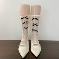 Rhinestone Lace-Up Bow Mesh Slouch Mid-Calf Crew Socks - Sweet Ballet Lolita Socks - White / Simple bag