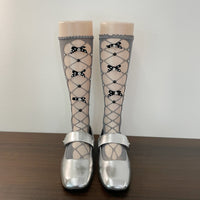 Rhinestone Lace-Up Bow Mesh Slouch Mid-Calf Crew Socks - Sweet Ballet Lolita Socks - Gray / Simple bag