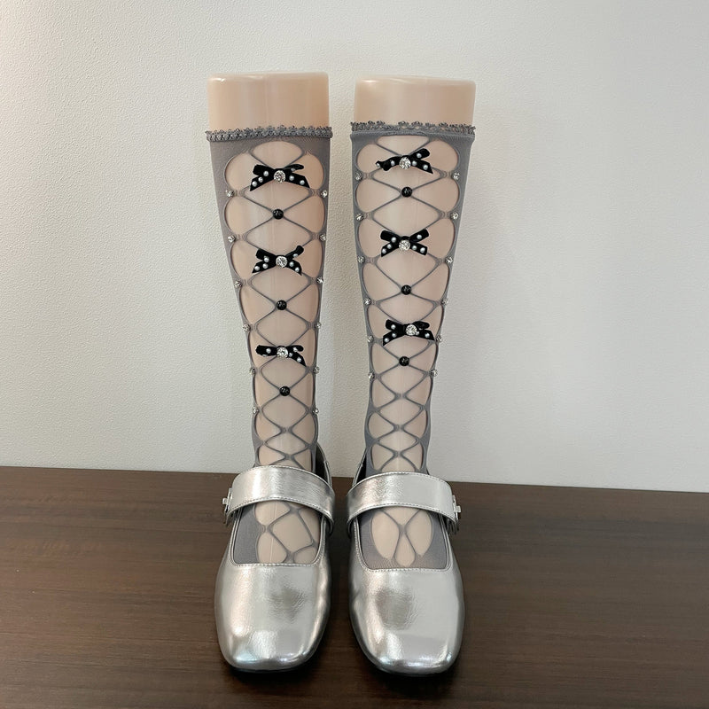 LolitaFetch Essentials Rhinestone Lace-Up Bow Mesh Slouch Mid-Calf Crew Socks - image 7
