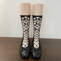 Rhinestone Lace-Up Bow Mesh Slouch Mid-Calf Crew Socks - Sweet Ballet Lolita Socks - Black / Simple bag