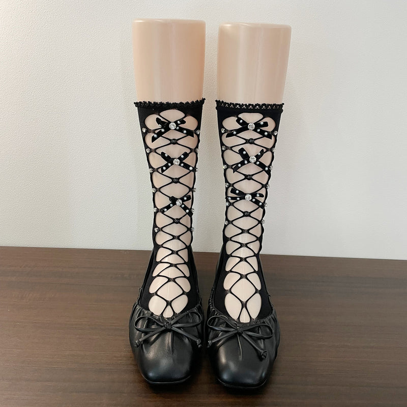 LolitaFetch Essentials Rhinestone Lace-Up Bow Mesh Slouch Mid-Calf Crew Socks - image 8