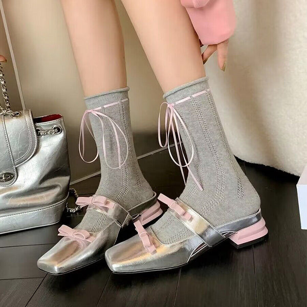 LolitaFetch Essentials Ribbon Bow Lace-Up Hollow-Out Crew Socks - image 1