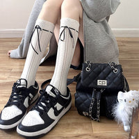 Ribbon Bow Lace-Up Hollow-Out Crew Socks - JK Sweet Lolita Socks - Milky White Calf / One Size