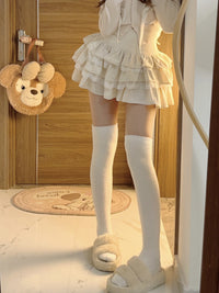 Ruffle Plush Fleece-Lined Sleep Socks - Sweet Lolita Warm Slouch Socks - White Over Knee / One Size