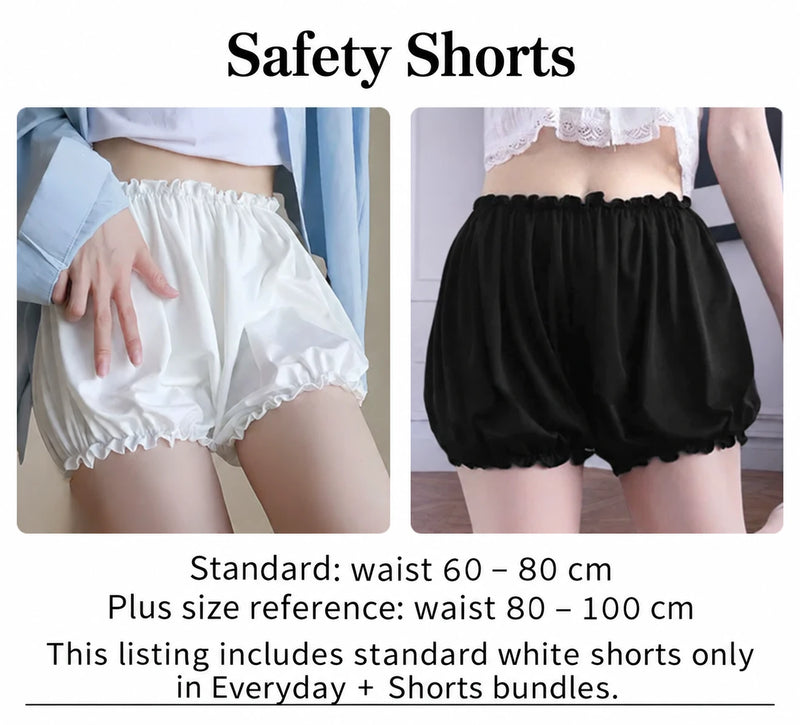Safety shorts size guide; standard white shorts included only in the selected petticoat bundle