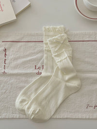 Seamless Heel Bow Ruffle Slouch Crew Socks - Sweet Ballet Lolita Socks - Milky White / One Size