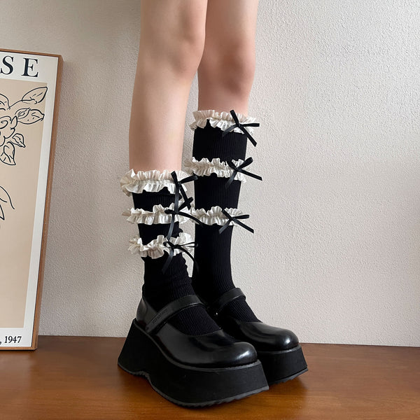 LolitaFetch Essentials Triple Ruffle Bow Slouch Crew Socks - image 1