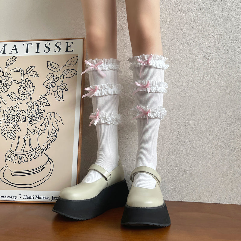 LolitaFetch Essentials Triple Ruffle Bow Slouch Crew Socks - image 4