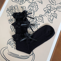Triple Ruffle Bow Slouch Crew Socks - Sweet Lolita Mid-Calf Socks - Black / One Size