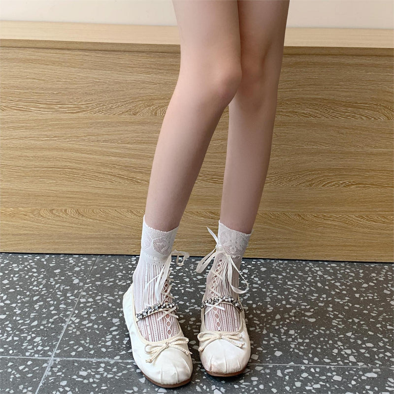 LolitaFetch Essentials White Lace Ruffle Bow Slouch Crew Socks - image 4