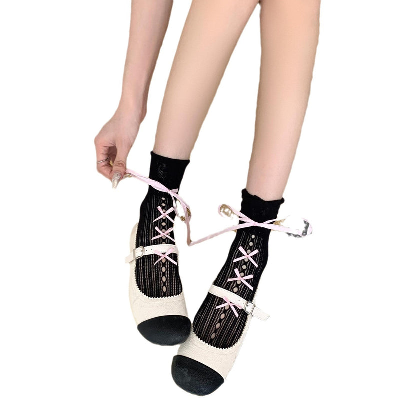 LolitaFetch Essentials White Lace Ruffle Bow Slouch Crew Socks - image 5