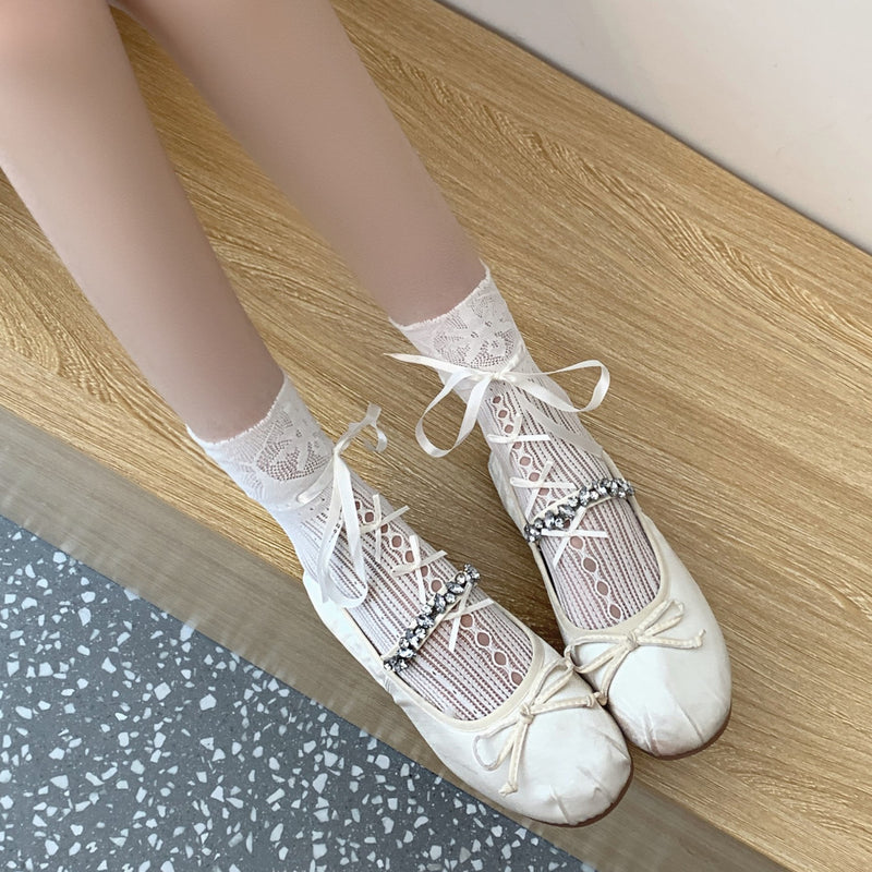 LolitaFetch Essentials White Lace Ruffle Bow Slouch Crew Socks - image 6