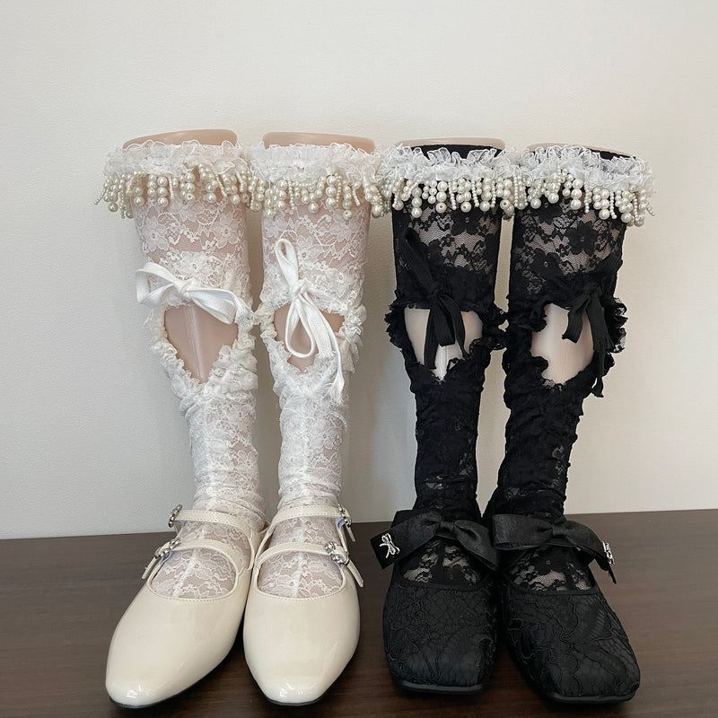 LolitaFetch Essentials White Pearl Ruffle Heart Lace-Up Slouch Mid-Calf Crew Socks - image 3