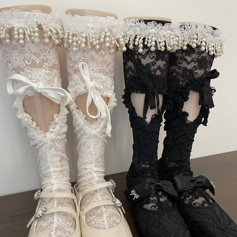 LolitaFetch Essentials White Pearl Ruffle Heart Lace-Up Slouch Mid-Calf Crew Socks - image 4