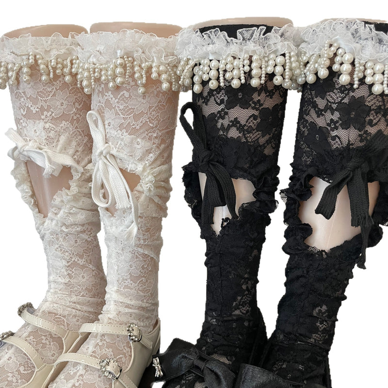 LolitaFetch Essentials White Pearl Ruffle Heart Lace-Up Slouch Mid-Calf Crew Socks - image 5