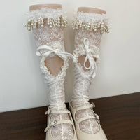 White Pearl Ruffle Heart Lace-Up Slouch Mid-Calf Crew Socks - Sweet Lolita Socks - White / One Size