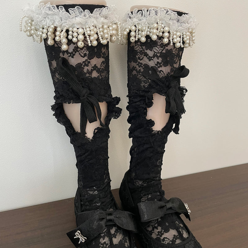 LolitaFetch Essentials White Pearl Ruffle Heart Lace-Up Slouch Mid-Calf Crew Socks - image 7