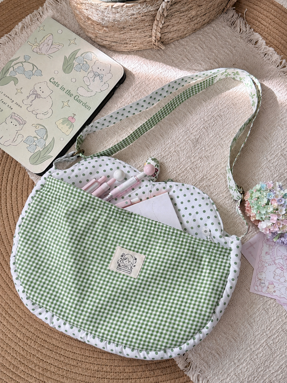 Green apple patchwork shoulder bag, back and interior view