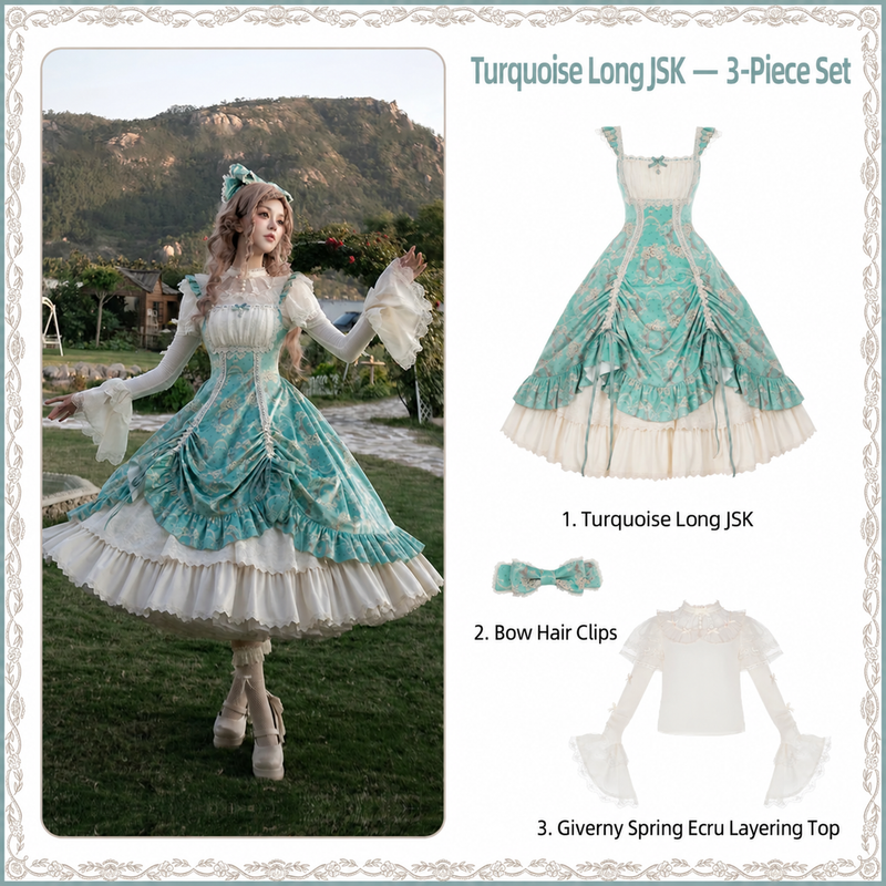Letters & Verse Old Garden turquoise long JSK, bow hair clips and Giverny Spring layering top set contents