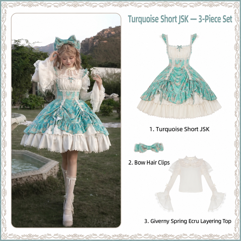 Letters & Verse Old Garden turquoise short JSK, bow hair clips and Giverny Spring layering top set contents