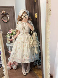 Plum Tree - Remembering Spring Notes - Cotton Floral OP Dress - All-cotton white short length / M