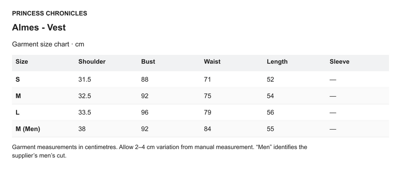 Princess Chronicles Almes - Vest - English garment measurements in centimetres