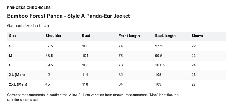 Princess Chronicles Bamboo Forest Panda - Style A Panda-Ear Jacket - English garment measurements in centimetres